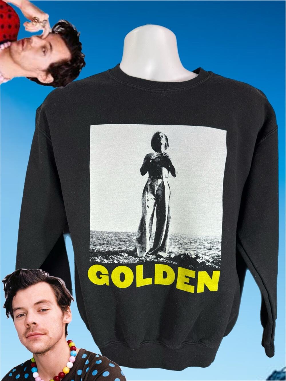 Harry Styles Golden Crewneck Sweatshirt Black Mens Size Large 22x24
